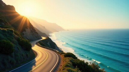 Golden Hour Coastal Drive Winding Asphalt Road Beside Ocean Waves at Sunset