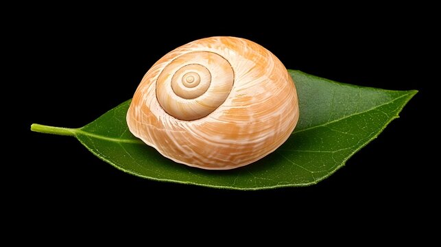 Close-up of an empty snail shell resting on a vibrant green leaf against a black backdrop