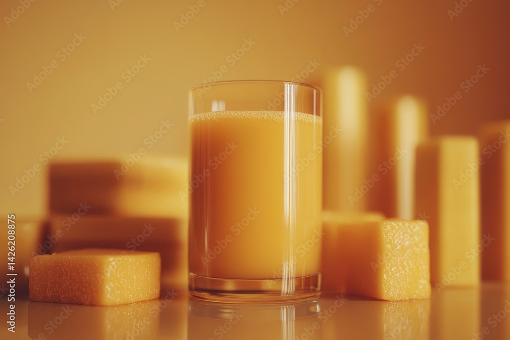 Poster freshly squeezed orange juice with cheese cubes on a soft orange background