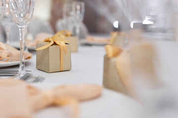 A detail of the wedding dinner setting. A beautiful napkin on a plate.