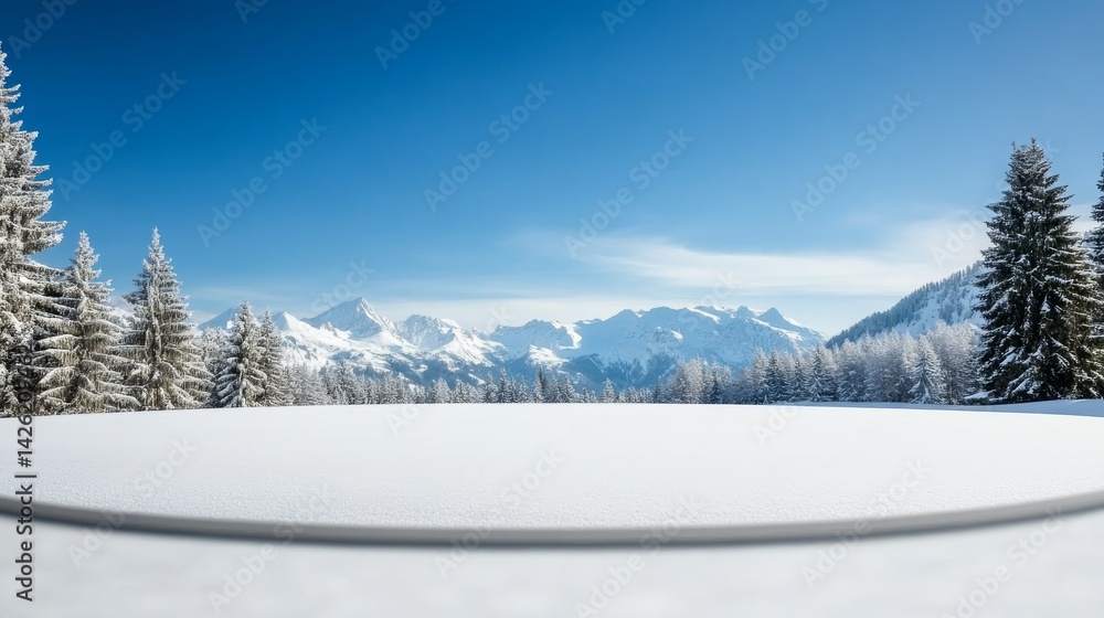 Leinwandbilder A wide-angle view of a circular platform is surrounded by snowy trees and mountains under soft diffused light, creating a tranquil winter atmosphere