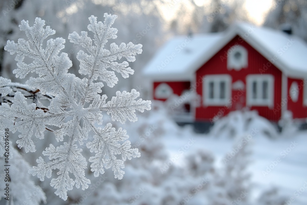 Aufkleber snowflake close-up with a cozy red house in a winter landscape at dusk in a tranquil setting
