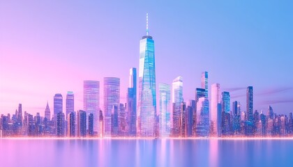Fototapeta premium Dreamy cityscape at dawn, skyscrapers reflecting in calm water