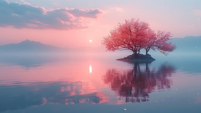 **Small Island In Vast Lake Under Pink Dusk Sky, Minimalist Peace And Calm --Ar 16:9 --S 991 --V 6.0 --Style Raw** - @Darya (Relaxed)