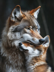 Obraz premium Mother wolf lovingly embraces her playful cub