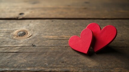 Fototapeta premium Two vibrant red hearts rest gently on a rustic wooden surface, symbolizing affection and connection.