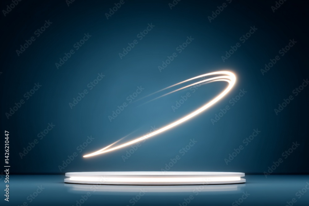 Poster light trail glows above circular platform in a serene blue environment during a creative setting