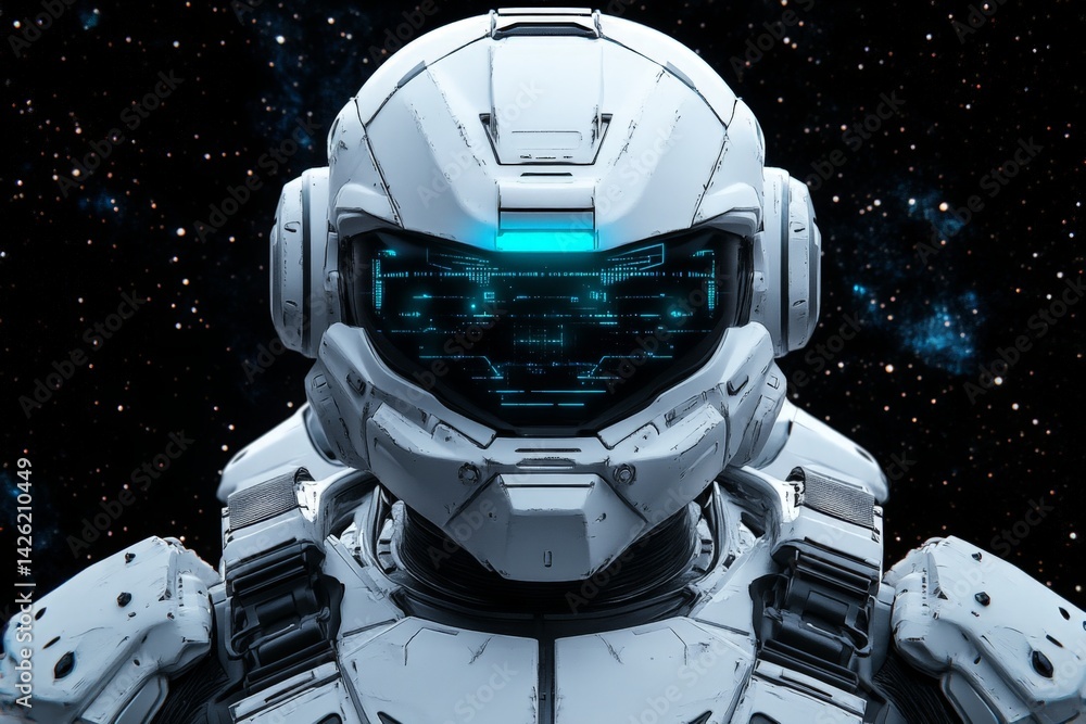 Poster futuristic robotic soldier in space with glowing visor and detailed exosuit design
