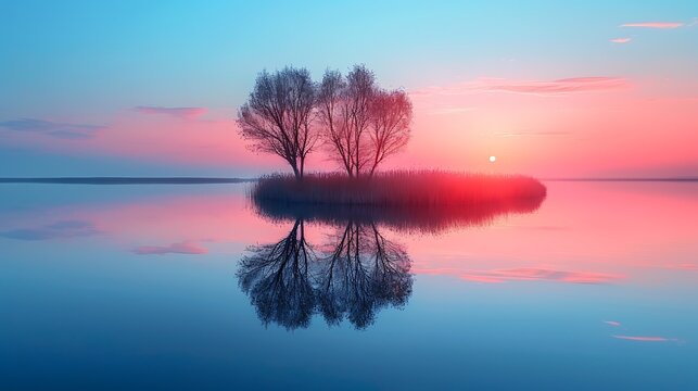 **Small Island In Vast Lake Under Pink Dusk Sky, Minimalist Peace And Calm --Ar 16:9 --S 991 --V 6.0 --Style Raw** - @Darya (Relaxed)