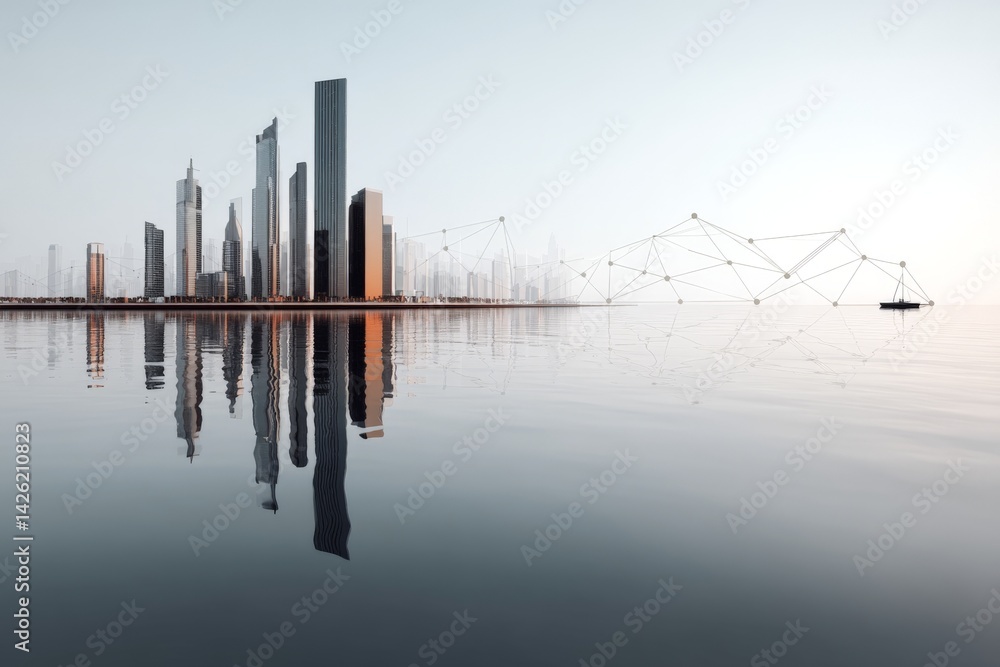 Leinwandbilder skyline reflections display modern architecture along the waterfront at dawn with soft colors and ca