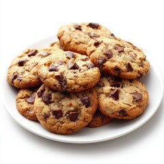 Chocolate chip cookies stacked high isolated on white background