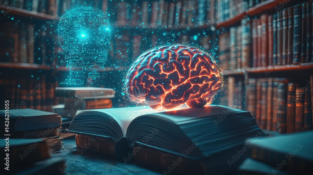 Poster human brain illuminates while absorbing knowledge from books in a library, with ai posing a challeng