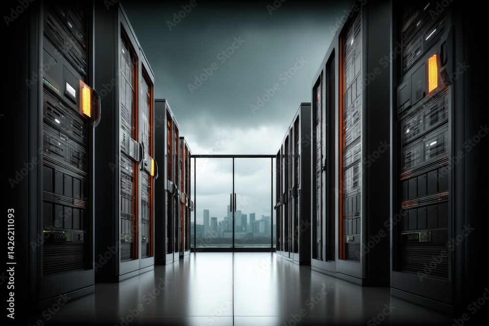 Leinwandbilder modern data center featuring advanced server racks with city skyline in the background during overca