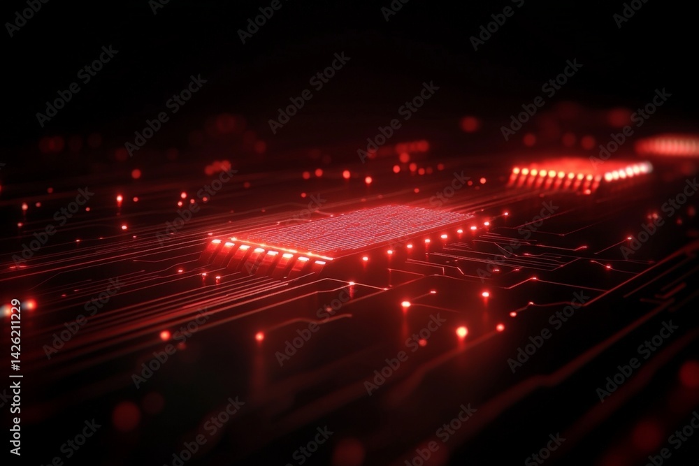 Poster Red glowing circuit board with technology elements illuminated in a dark environment