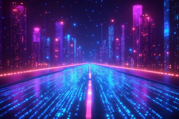 Futuristic cityscape with neon lights and glowing roads at night showcasing advanced technology
