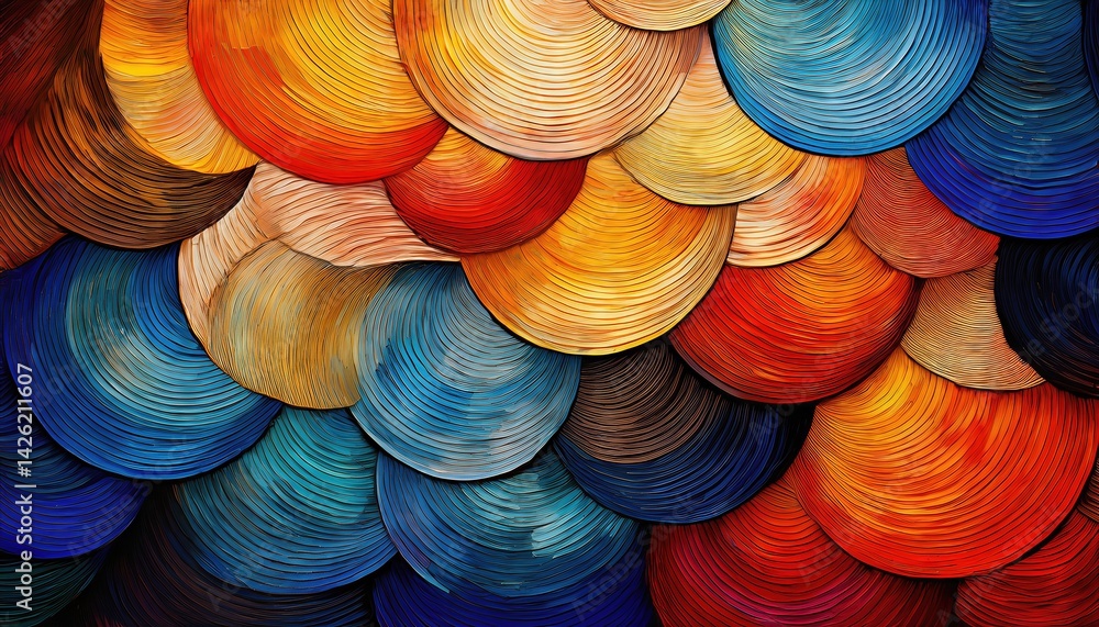Poster striking composition of textured circles in vibrant hues, depicting an abstract artistic exploration