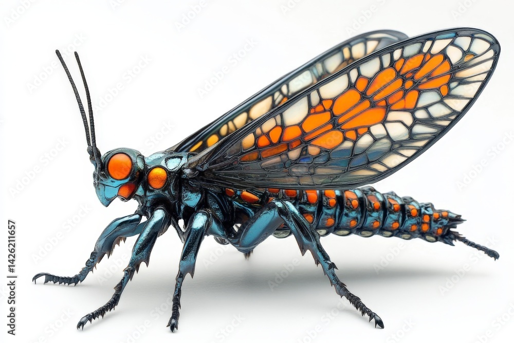 Poster Colorful insect with vibrant wings displayed on a plain background in a studio setting, showcasing intricate patterns and textures
