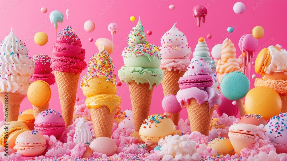 Poster a vibrant display of colorful ice cream cones with various toppings, including sprinkles and macaron