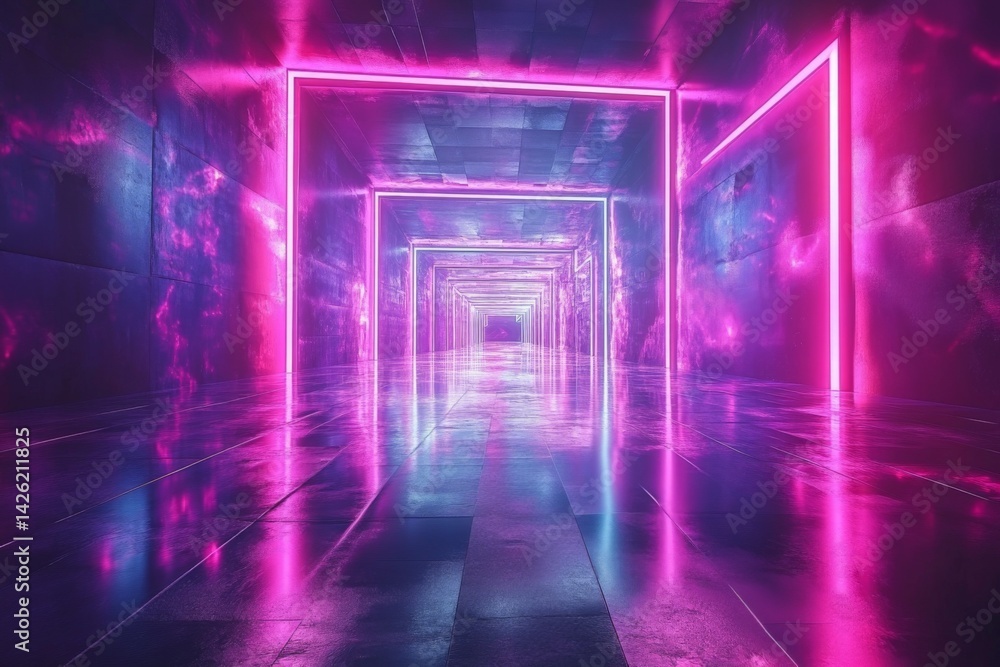 Poster Vivid neon tunnel with glowing lights and reflective floor creating a futuristic atmosphere at nighttime