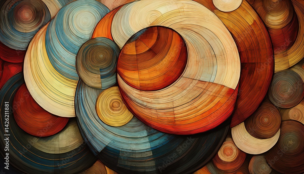 Poster overlapping abstract textured circles a vibrant swirl of colors amidst a mysterious texture, evoking