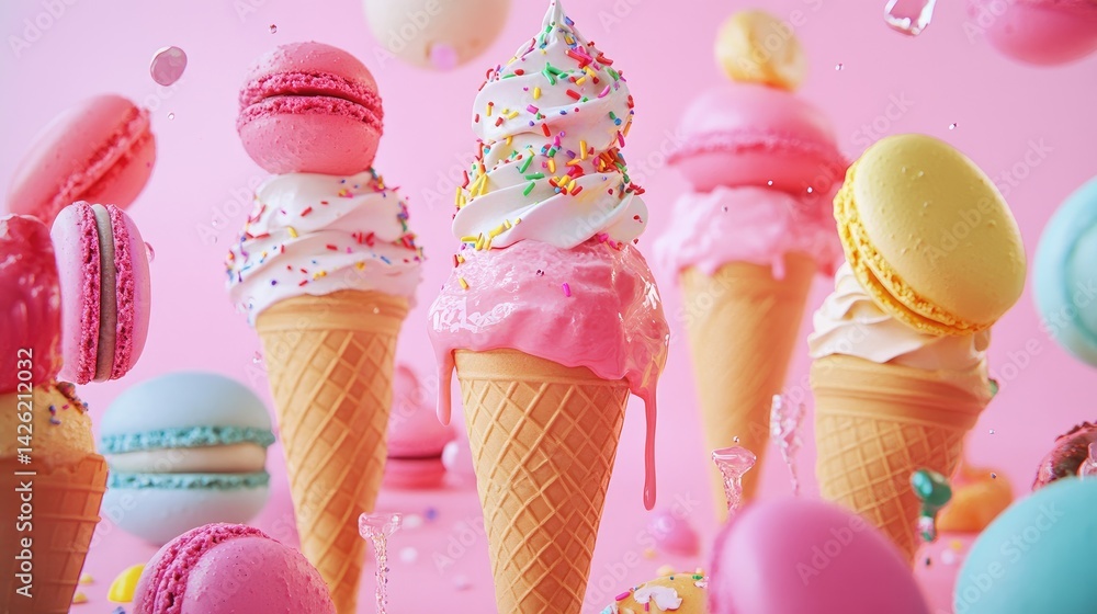 Poster a vibrant display of colorful ice cream cones with various toppings, including sprinkles and macaron