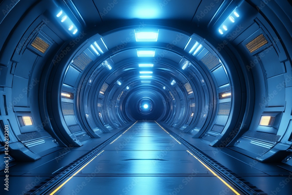 Poster futuristic corridor with glowing lights in a high-tech setting for space exploration