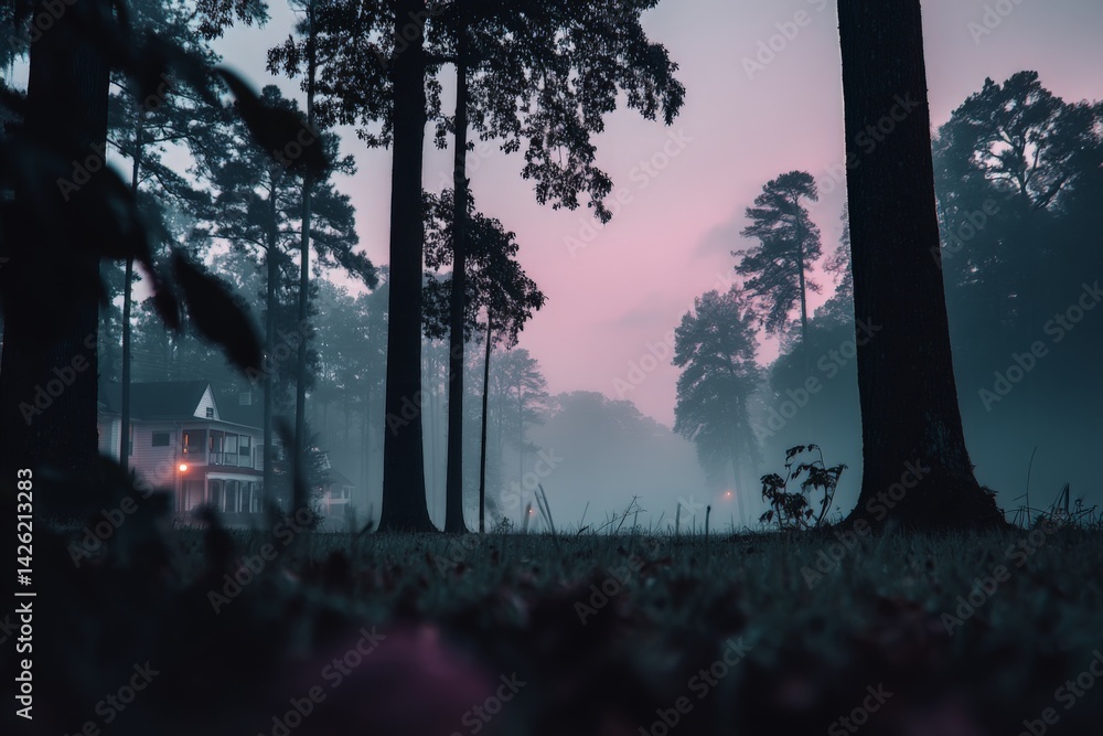 Poster misty evening in a quiet neighborhood with soft pink hues and tall trees surrounding the view
