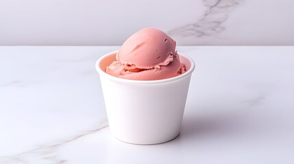 Single scoop of pink ice cream in a white cup on marble