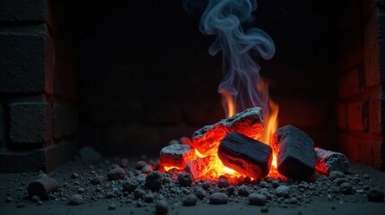 Glowing Embers in a Brick Fireplace, Illuminated by Warm Flickering Flames and Rising Smoke
