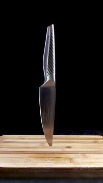 Big kitchen knife. Professional kitchen knife with sharp blade and metal handle on black background