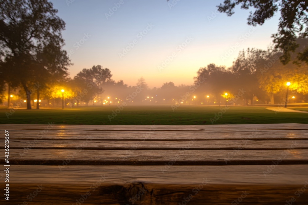 Poster A rustic wooden table sits in the foreground as streetlights glow softly in the misty park at dusk, creating a serene and mysterious atmosphere in the fading light