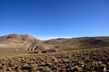 Vast high-altitude desert landscape in Eduardo Avaroa National Reserve, Bolivia. Brown rolling...