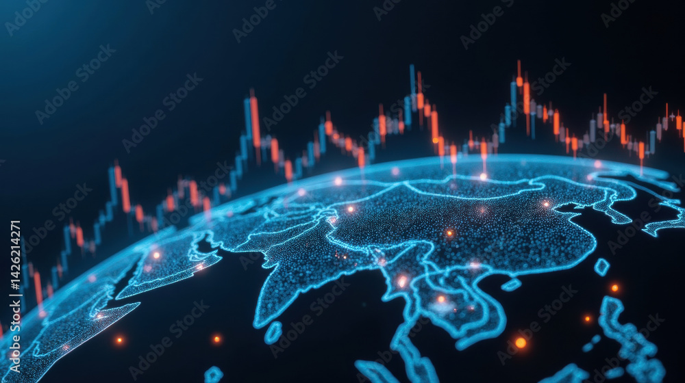 Poster digital globe with glowing lines represents global connectivity and data flow, showcasing vibrant ne