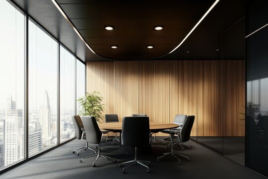 Modern conference room with city views.  A contemporary meeting space, featuring a round table, dark gray chairs, and wooden wall paneling. Large windows offer a panoramic cityscape view