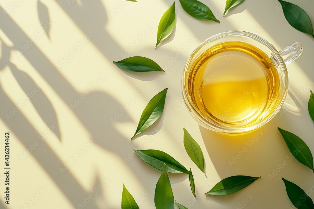 Poster warm tea in a glass cup surrounded by fresh leaves on a light background with soft shadows in the af