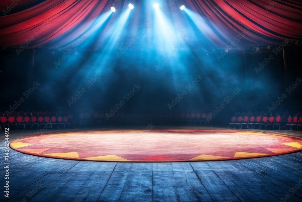 Aufkleber An empty circus tent features colorful seats arranged in rows, with a single spotlight illuminating the center ring, creating an atmosphere of quiet expectation