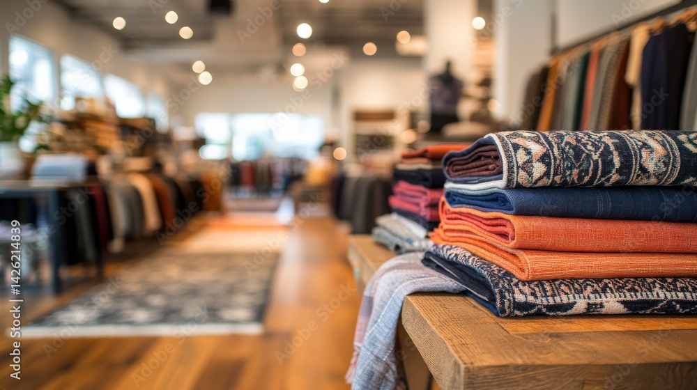 Poster Colorful rolled rugs are arranged neatly in a modern decor store, showcasing intricate patterns and textures under soft lighting, creating a welcoming atmosphere
