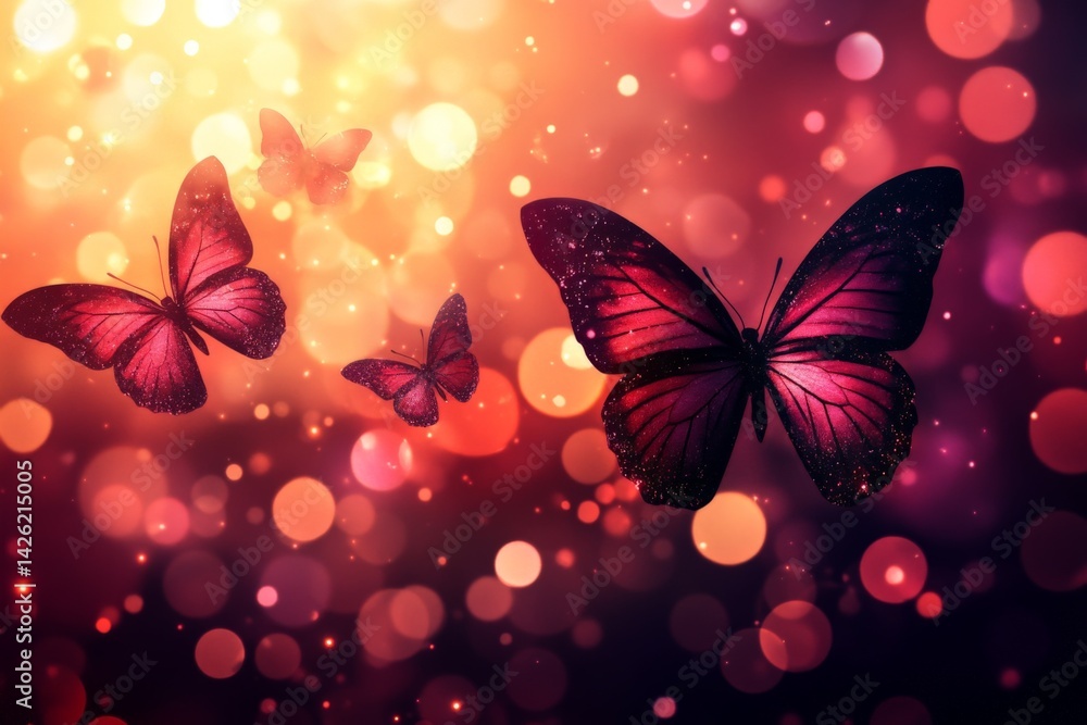 Poster colorful butterflies flying gracefully through a dreamy background filled with soft bokeh lights at 