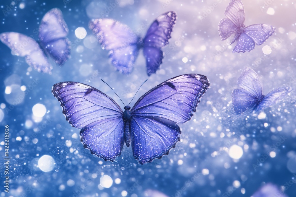 Aufkleber colorful butterflies fluttering in a magical landscape with sparkling bokeh lights during twilight