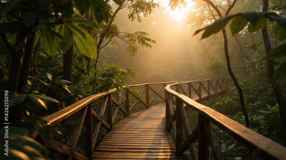 Poster serene wooden bridge winds through lush forest, illuminated by soft sunlight filtering through trees