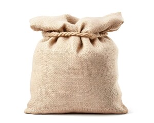 A full, light-beige burlap sack tied with thick rope, isolated on white