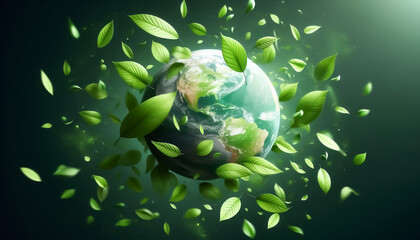 Planet earth wrapped in green leaves. Concept of environment and climate change. World Earth Day