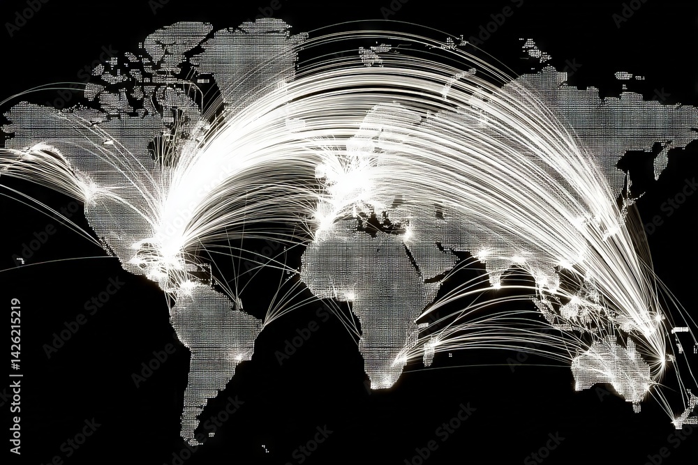 Poster Global connectivity represented through a network map showcasing flight paths across continents and oceans