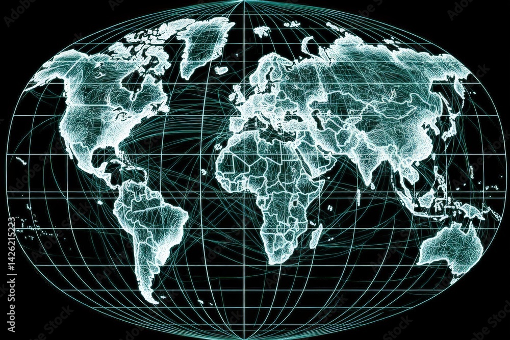 Poster Digital representation of the world map showing continents, oceans, and grid lines for geographical context