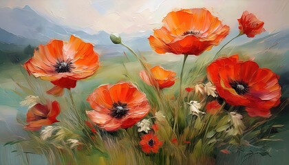 Vibrant Poppy Canvas Bloom Exuberant Red Blossoms Radiate against a Lush Green Canvas, Celebrating Natures Spectacular Palette, Perfect for Art Enthusiasts and Home Decor Aficionados.