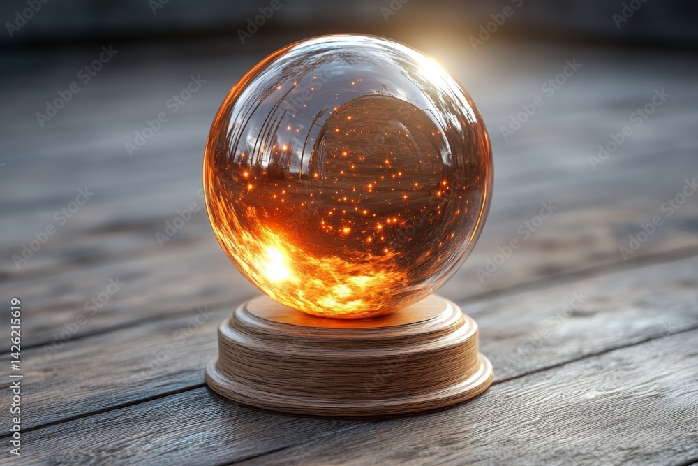 Poster crystal sphere reflecting light and cosmic elements on a wooden surface in an artistic setting