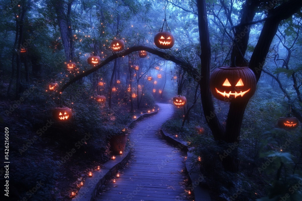 Aufkleber spooky path lined with glowing jack-o'-lanterns in an eerie forest at twilight