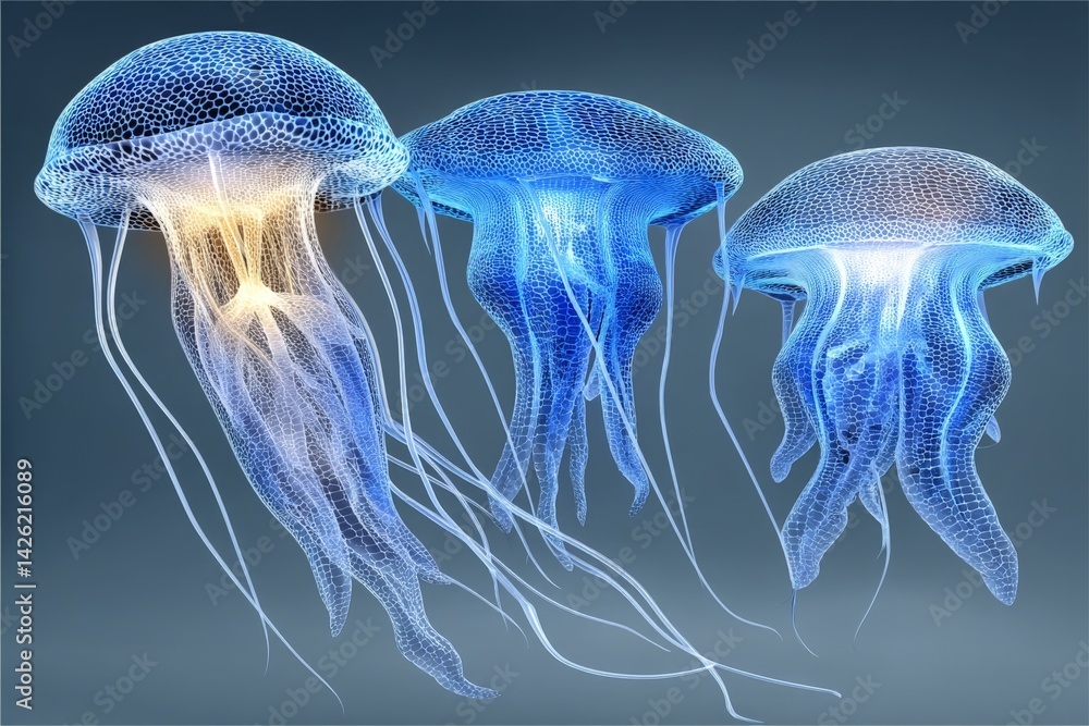 Poster colorful jellyfish gracefully floating in a deep ocean setting at twilight, showcasing their biolumi