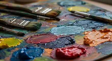Fototapeta premium Art Supplies and Paint Brushes on a Palette Ready for Creative Expression and Artistic Inspiration