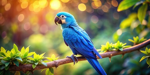 Fototapeta premium Adorable Blue Parrot Tilt-Shift Miniature Photography, Cute Bird, Tiny World, Miniature Scene, Blue Macaw, Parrot Photo, Whimsical Bird, Small Bird, Exotic Bird, Feathered Friend